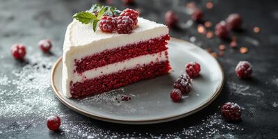 Slice of red velvet cake topped with fresh raspberries and mint on a dark background photo