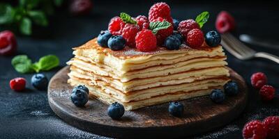 Stack of thin pancakes topped with fresh raspberries and blueberries on a wooden plate photo