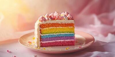 Brightly colored rainbow cake slice on a pastel plate in soft lighting with delicate decorations photo