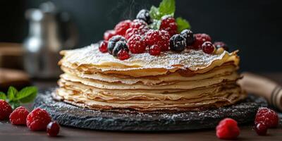 Delicious layered pancake stack topped with fresh berries and mint on a dark background photo