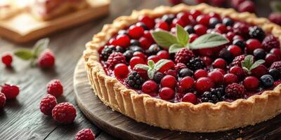 Fresh berry tart with vibrant colors, garnished with mint leaves, served on a wooden table during a bright afternoon photo