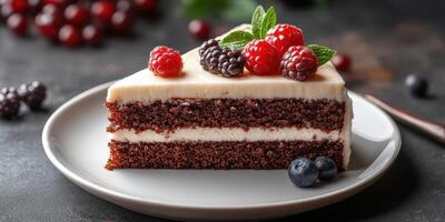 Decadent chocolate cake with cream and fresh berries served on a plate photo