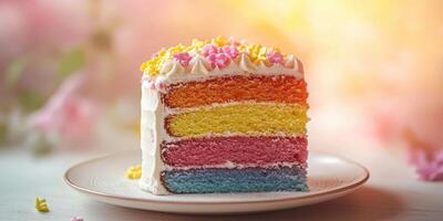 Colorful layered cake decorated with flowers and sprinkles, perfect for celebrations or parties photo