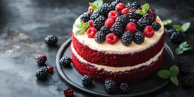 Delicious red velvet cake topped with fresh berries and mint leaves on a dark background photo