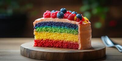 Colorful rainbow cake with layers of red, yellow, green, blue, and frosting topped with fresh berries on a wooden surface photo