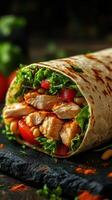 Delicious chicken wrap with fresh vegetables and nuts served on a rustic wooden table photo