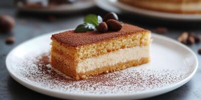 Tiramisu dessert served on a white plate with cocoa powder and coffee beans in a cozy setting photo