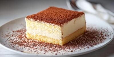 Delicious dessert featuring layers of creamy filling and cocoa powder on top, served on a white plate photo