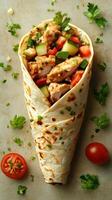 Delicious chicken wrap filled with fresh vegetables and herbs ready to enjoy for lunch or dinner photo