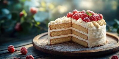 Delicious layered cake topped with fresh raspberries and cream served on a wooden table in a cozy setting photo