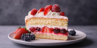 Delicious layer cake topped with fresh berries served on a plate during a daytime gathering photo