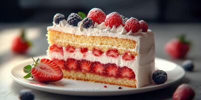 Delicious layered cake with fresh berries displayed on a white plate in a cozy kitchen setting photo