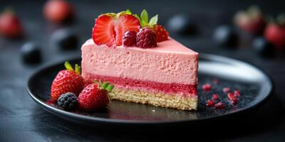 Delicious strawberry raspberry cake served on a black plate with fresh berries as decoration photo