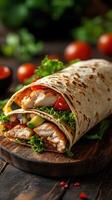 Delicious chicken wrap filled with fresh vegetables and served on a wooden board photo