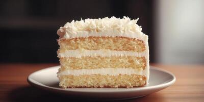 Delicious slice of vanilla cake with creamy frosting on a rustic wooden table setting photo