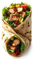 Fresh grilled chicken wrap with colorful vegetables and greens served on a wooden table photo