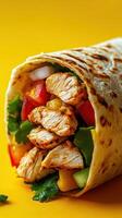 Flavorful chicken wrap filled with fresh vegetables on a vibrant yellow background photo