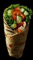 Freshly made wrap filled with chicken, vegetables, and lettuce on a black background photo