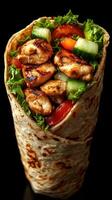 Grilled chicken wrap filled with fresh vegetables served on a dark background photo