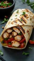 Grilled chicken wrap with fresh vegetables and herbs wrapped in a tortilla on a dark background photo