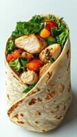 Delicious grilled chicken wrap with fresh vegetables served on a plain white background photo