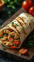 Delicious chicken wrap filled with fresh vegetables and herbs on a wooden board photo