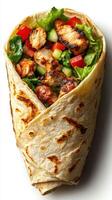 Grilled chicken wrap filled with fresh vegetables and herbs, showcasing vibrant colors and textures photo