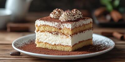 Delicious layered dessert served on a rustic wooden table with cocoa dusting and whipped cream topping photo
