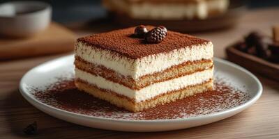 Delicious homemade tiramisu served on a white plate with cocoa powder and coffee beans on top photo