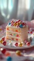 Delightful cake with colorful decorations on a pastel table setting during a sunny afternoon photo