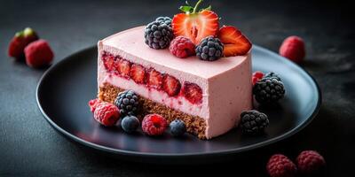 Delicious berry mousse cake served on a black plate with fresh strawberries and raspberries at a dessert table photo