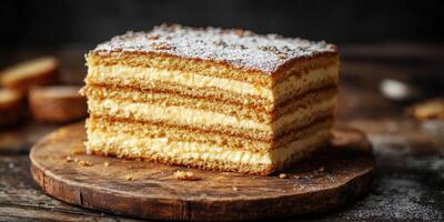 Delicious layered cake on a rustic wooden board with powdered sugar topping photo