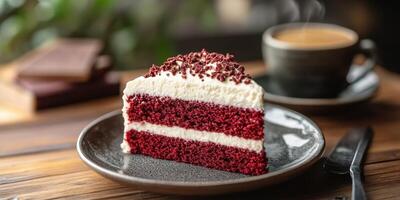 Sliced red velvet cake served alongside a cup of coffee on a wooden table with a blurred background photo