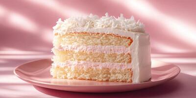 Delicious slice of layered cake with creamy frosting on a pastel plate illuminated by soft light photo