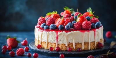 Delicious berry cheesecake with vibrant toppings presented on a dark background photo