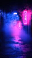 Vibrant neon signs illuminate a foggy alleyway at night creating an atmospheric, urban environment photo