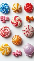 Colorful assortment of candy displayed on a white background, perfect for festive occasions and sweet treats lovers photo