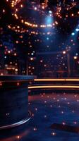 Colorful lights illuminate a stage with sparkling effects, setting the mood for a lively performance or event photo