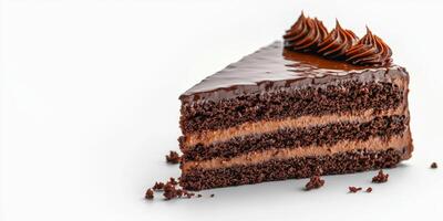 Delicious chocolate cake slice with creamy frosting set against a white background photo