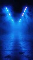 Mysterious blue foggy corridor illuminated by neon lights creates an otherworldly atmosphere photo