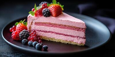 Delicious pink berry cake slice topped with fresh fruits on a dark elegant plate photo