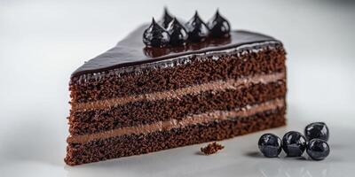 Delightful chocolate cake slice with smooth ganache and decorative peaks on top photo