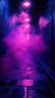 Enigmatic alleyway illuminated by purple mist during twilight in an urban setting photo