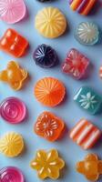 Colorful assortment of gummy candies displayed on a blue background showcasing various shapes and textures photo