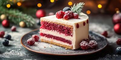 Delicious layered cake with berries and holiday decorations on a dark table photo