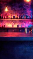 Vibrant bar interior with colorful lighting and empty countertop in an upscale nightlife setting during evening hours photo