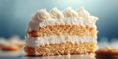 Delightful layered cake with creamy frosting in a bright setting captured at a bakery photo
