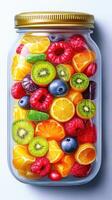 Colorful fruit jar filled with assorted berries, citrus, and tropical fruits for healthy snacking photo