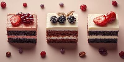 Delicious layered cakes with frosting, fresh berries, and chocolate on a pastel background photo