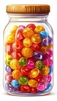 Colorful candy jar filled with assorted shiny sweets in a clear container on a neutral background photo